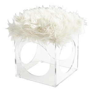 white faux Mongolian fur fluffy modern cube lucite acrylic square ottoman stool cyan design mitza