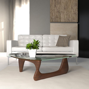 LeisureMod Imperial Modern Glass Top Triangle Coffee Table in dark walnut