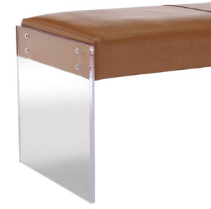 faux leather window bench in brown color with clear acrylic lucite legs tov envy