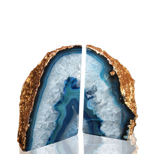 blue agate geode crystal quartz bookends gilded gold pair