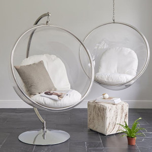 aron living clear plastic acrylic lucite bubble chair chrome stand white cushions