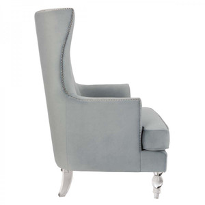 clear lucite leg silver nailheads light grey velvet high back wing chair modern decor Geode Modern Wingback Chair - Light Silver