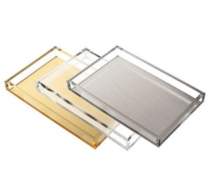 large silver and lucite serving tray with brushed nickel tizo
