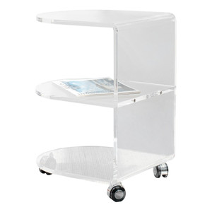 clear acrylic lucite modern 3 shelf storage end side table cart slide rolling wheels