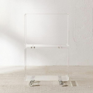 clear acrylic lucite rolling low bookcase tv media stand