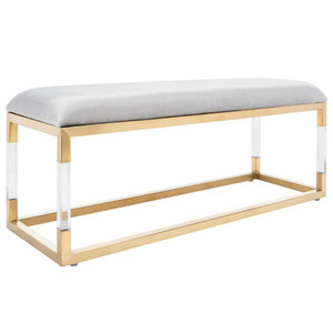 Lucite and Gold Metal Bench with Grey Seat | Clear Home Design