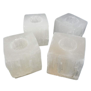 Set of 4 Square Selenite White Crystal Votive Candleholders