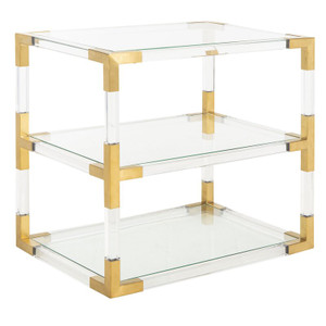 Acrylic Side Table with Brass Metal Corners and Storage Shelf