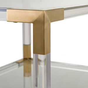 Acrylic Side Table with Brass Metal Corners and Storage Shelf