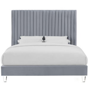 Grey Velvet Channel Tufted Upholstered Bed with Lucite Legs,  Options