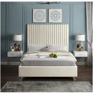 Cream Velvet Channel Tufted Upholstered Bed with Lucite Legs