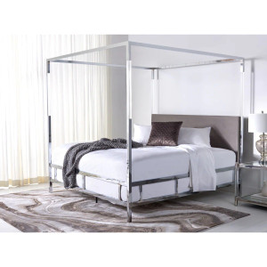 Chrome and Lucite Canopy Bed with Grey Upholstery,