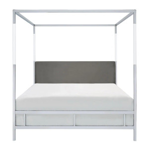 Chrome and Lucite Canopy Bed with Grey Upholstery,