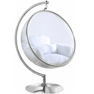 Chrome Bubble Chair with White Cushions and C Stand