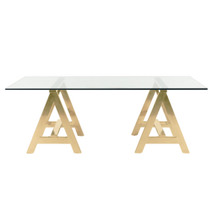 brass gold metal sawhorse leg architects modern desk glass top