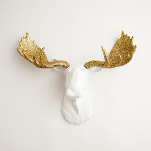 White Resin and Gold Glitter Moose Head Wall Sculpture