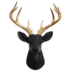 Black Resin and Gold Faux Deer Head with Gold Longhorns