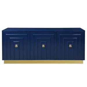 Gold Base 3 Door Navy Lacquered Sideboard with Lucite Knobs