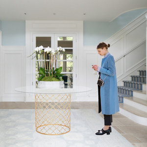 gold Metal Honeycomb Base Foyer Table with Round Glass Top