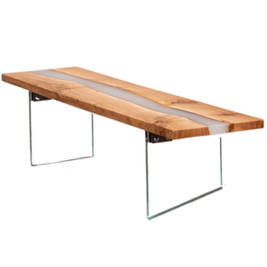 Frosted Resin and Oak Wood Bench with Glass Legs
