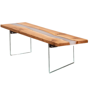 Frosted Resin and Oak Wood coffee table with Glass Legs