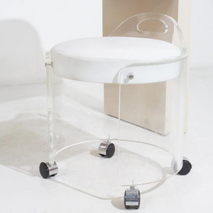 Round Low Back Lucite Vanity Stool with Vinyl Seat on Wheels,