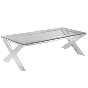 Lucite Modern X Leg Rectangular Coffee Table with Glass Top