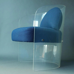 Clear Lucite Barrel Accent Chair with Blue Cushions