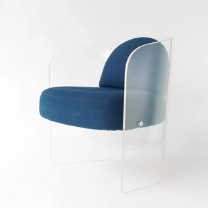 Clear Lucite Barrel Accent Chair with Blue Cushions
