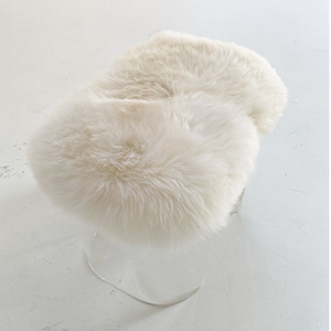 Cream Mongolian Fur Top Ottoman with Curved Lucite Legs