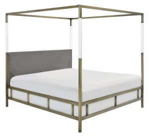 Antique Gold and Lucite Canopy Bed with Grey Upholstery