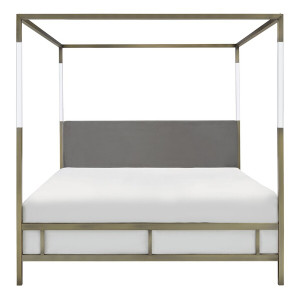 Antique Gold and Lucite Canopy Bed with Grey Upholstery