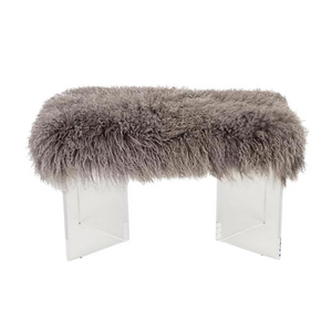 Taupe Sheepskin Fur Lucite Bench with Boomerang Legs
