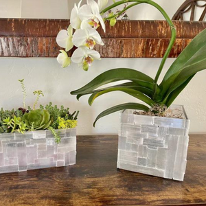 White Selenite Mosaic Square Planter Pot