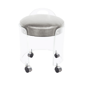 Round Low Back Lucite Vanity Stool with Metallic Vinyl Seat