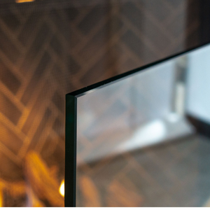 Frameless Clear Glass Fireplace Screen with Black Feet