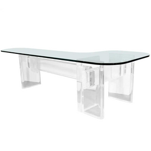 L Shape 2" Clear Trestle Base Desk with Glass Top