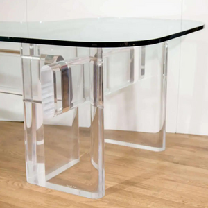 L Shape 2" Clear Trestle Base Desk with Glass Top