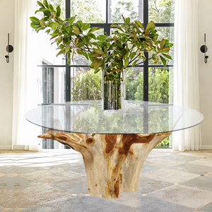 72" Round Teak Root Stump Foyer/Dining Table with Glass Top