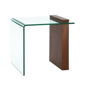 Modern Glass Waterfall Side Table with Wood Leg 
