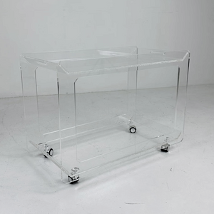 lucite clear acrylic rolling wheels 1970's Style Cut Out Bar Cart