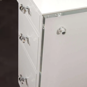 white lacquer shiny gloss drawer desk lucite panel leg