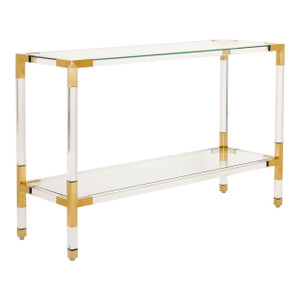 safavieh arverne clear acrylic and gold console table with shelf and glass top