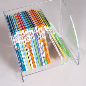 acrylic leaning bookshelf bookcase clear plastic lucite book bin stand