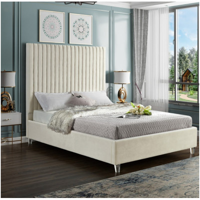 Cream Velvet Channel Tufted Upholstered Bed with Lucite Legs | Clear ...