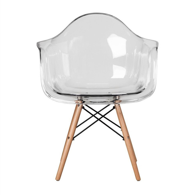 clear eiffel arm dining chair with wood base