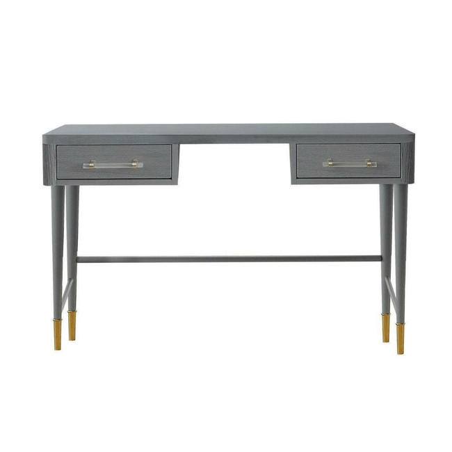 tov dalia furniture distressed grey desk with brass accents and lucite acrylic hardware 