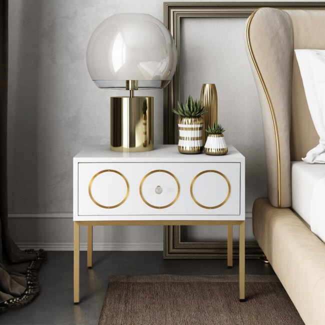 clear acrylic white and gold nightstand with one drawer and gold circles tov ella