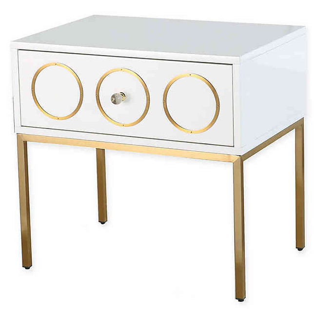 tov ella side table white nightstand one drawer storage gold legs