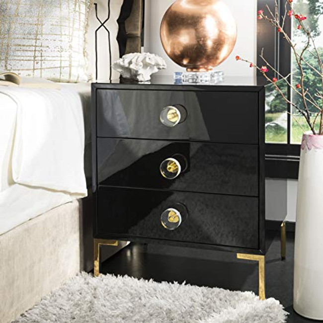 Lucian 3 drawer side table clear lucite handles black lacquer three drawer bedside table nightstand safavieh